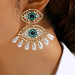 NEW Evil Eye Rhinestone Pearl Earrings. Lucky Protection Trendy Jewelry 🧿